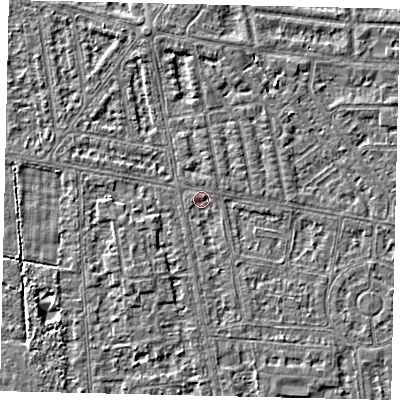 Shaded relief map of the ground around HU68NA, computed from Environment Agency LiDAR. The ground here sits at about 2 m above sea level and falls 3 m across the surrounding 800 m. Surface water reaching this point runs off ground lying to the east-north-east, 1.2 m higher.