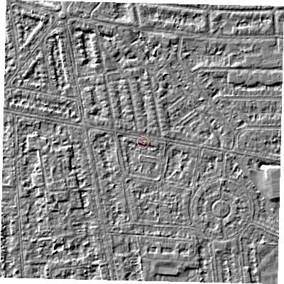 Shaded relief map of the ground around HU68NB, computed from Environment Agency LiDAR. The ground here sits at about 2 m above sea level and falls 3 m across the surrounding 800 m. Surface water reaching this point runs off ground lying to the north, 1.1 m higher.