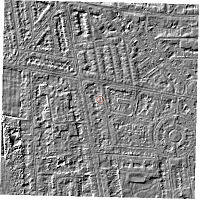 Shaded relief map of the ground around HU68ND, computed from Environment Agency LiDAR. The ground here sits at about 2 m above sea level and falls 3 m across the surrounding 800 m. Surface water reaching this point runs off ground lying to the north-north-east, 1.1 m higher.