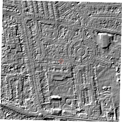Shaded relief map of the ground around HU68NH, computed from Environment Agency LiDAR. The ground here sits at about 2 m above sea level and falls 4 m across the surrounding 800 m. Surface water reaching this point runs off ground lying to the east-south-east, 0.5 m higher.