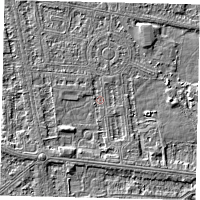 Shaded relief map of the ground around HU68NJ, computed from Environment Agency LiDAR. The ground here sits at about 2 m above sea level and falls 4 m across the surrounding 800 m. Surface water reaching this point runs off ground lying to the south-west, 2.1 m higher.