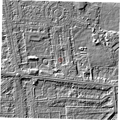Shaded relief map of the ground around HU68NL, computed from Environment Agency LiDAR. The ground here sits at about 2 m above sea level and falls 4 m across the surrounding 800 m. Surface water reaching this point runs off ground lying to the south-east, 1.2 m higher.