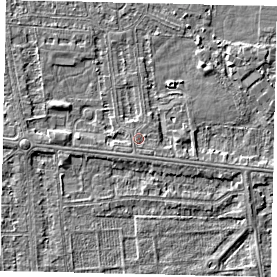 Shaded relief map of the ground around HU68NN, computed from Environment Agency LiDAR. The ground here sits at about 3 m above sea level and falls 4 m across the surrounding 800 m. Surface water reaching this point runs off ground lying to the south-east, 0.5 m higher.