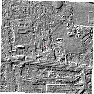 Shaded relief map of the ground around HU68NP, computed from Environment Agency LiDAR. The ground here sits at about 2 m above sea level and falls 4 m across the surrounding 800 m. Surface water reaching this point runs off ground lying to the south-south-west, 1.2 m higher.