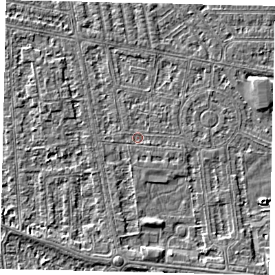 Shaded relief map of the ground around HU68NQ, computed from Environment Agency LiDAR. The ground here sits at about 2 m above sea level and falls 4 m across the surrounding 800 m. Surface water reaching this point runs off ground lying to the east-south-east, 0.9 m higher.
