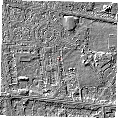 Shaded relief map of the ground around HU68NR, computed from Environment Agency LiDAR. The ground here sits at about 2 m above sea level and falls 6 m across the surrounding 800 m. Surface water reaching this point runs off ground lying to the east-north-east, 3.5 m higher.