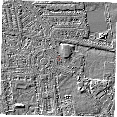 Shaded relief map of the ground around HU68NX, computed from Environment Agency LiDAR. The ground here sits at about 2 m above sea level and falls 6 m across the surrounding 800 m. Surface water reaching this point runs off ground lying to the north-east, 1.4 m higher.
