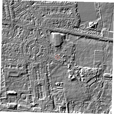 Shaded relief map of the ground around HU68NY, computed from Environment Agency LiDAR. The ground here sits at about 2 m above sea level and falls 6 m across the surrounding 800 m. Surface water reaching this point runs off ground lying to the north, 1.4 m higher.