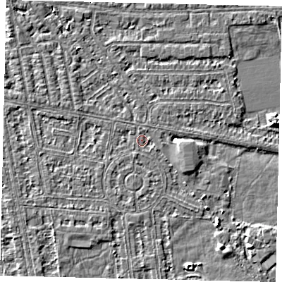 Shaded relief map of the ground around HU68NZ, computed from Environment Agency LiDAR. The ground here sits at about 2 m above sea level and falls 6 m across the surrounding 800 m. Surface water reaching this point runs off ground lying to the north-north-east, 0.9 m higher.
