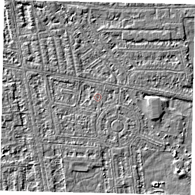 Shaded relief map of the ground around HU68PB, computed from Environment Agency LiDAR. The ground here sits at about 2 m above sea level and falls 4 m across the surrounding 800 m. Surface water reaching this point runs off ground lying to the east, 0.7 m higher.