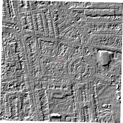 Shaded relief map of the ground around HU68PD, computed from Environment Agency LiDAR. The ground here sits at about 2 m above sea level and falls 4 m across the surrounding 800 m. Surface water reaching this point runs off ground lying to the south-south-east, 0.7 m higher.