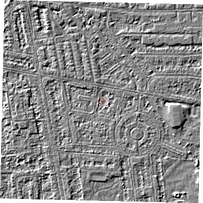 Shaded relief map of the ground around HU68PE, computed from Environment Agency LiDAR. The ground here sits at about 1 m above sea level and falls 4 m across the surrounding 800 m. Surface water reaching this point runs off ground lying to the east-south-east, 1.0 m higher.