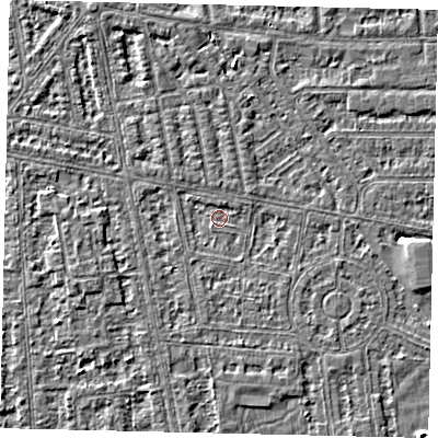 Shaded relief map of the ground around HU68PG, computed from Environment Agency LiDAR. The ground here sits at about 2 m above sea level and falls 3 m across the surrounding 800 m. Surface water reaching this point runs off ground lying to the north, 1.1 m higher.