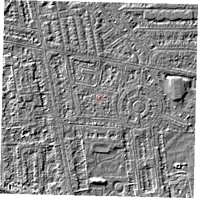 Shaded relief map of the ground around HU68PJ, computed from Environment Agency LiDAR. The ground here sits at about 2 m above sea level and falls 3 m across the surrounding 800 m. The ground contributing surface water to this point lies to the east-south-east.