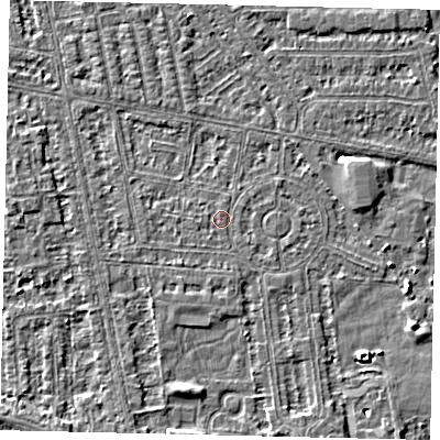 Shaded relief map of the ground around HU68PN, computed from Environment Agency LiDAR. The ground here sits at about 2 m above sea level and falls 4 m across the surrounding 800 m. Surface water reaching this point runs off ground lying to the south, 0.5 m higher.