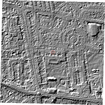 Shaded relief map of the ground around HU68PP, computed from Environment Agency LiDAR. The ground here sits at about 2 m above sea level and falls 4 m across the surrounding 800 m. Surface water reaching this point runs off ground lying to the east-south-east, 0.8 m higher.