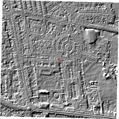Shaded relief map of the ground around HU68PW, computed from Environment Agency LiDAR. The ground here sits at about 2 m above sea level and falls 4 m across the surrounding 800 m. Surface water reaching this point runs off ground lying to the south-south-west, 2.1 m higher.
