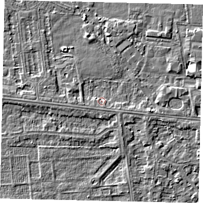 Shaded relief map of the ground around HU68QA, computed from Environment Agency LiDAR. The ground here sits at about 2 m above sea level and falls 5 m across the surrounding 800 m. Surface water reaching this point runs off ground lying to the east-south-east, 2.2 m higher.