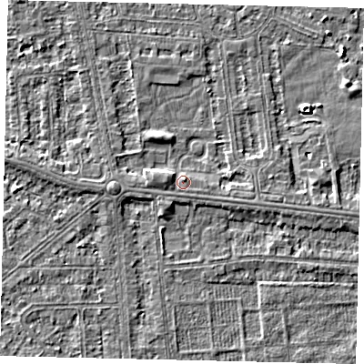 Shaded relief map of the ground around HU68QE, computed from Environment Agency LiDAR. The ground here sits at about 2 m above sea level and falls 4 m across the surrounding 800 m. Surface water reaching this point runs off ground lying to the west-north-west, 1.5 m higher.