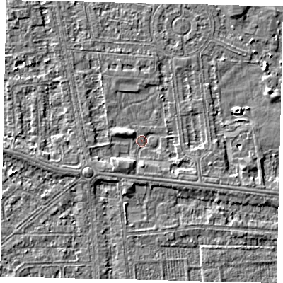 Shaded relief map of the ground around HU68QF, computed from Environment Agency LiDAR. The ground here sits at about 2 m above sea level and falls 4 m across the surrounding 800 m. Surface water reaching this point runs off ground lying to the south-west, 2.1 m higher.