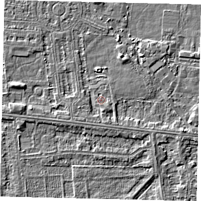 Shaded relief map of the ground around HU68QG, computed from Environment Agency LiDAR. The ground here sits at about 2 m above sea level and falls 4 m across the surrounding 800 m. Surface water reaching this point runs off ground lying to the south-south-east, 0.7 m higher.