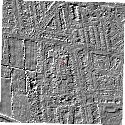 Shaded relief map of the ground around HU68QH, computed from Environment Agency LiDAR. The ground here sits at about 2 m above sea level and falls 3 m across the surrounding 800 m. Surface water reaching this point runs off ground lying to the south-south-east, 0.5 m higher.
