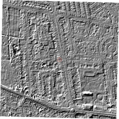 Shaded relief map of the ground around HU68QL, computed from Environment Agency LiDAR. The ground here sits at about 2 m above sea level and falls 3 m across the surrounding 800 m. Surface water reaching this point runs off ground lying to the south-west, 2.9 m higher.