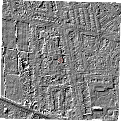 Shaded relief map of the ground around HU68QN, computed from Environment Agency LiDAR. The ground here sits at about 2 m above sea level and falls 3 m across the surrounding 800 m. Surface water reaching this point runs off ground lying to the south-south-west, 2.9 m higher.