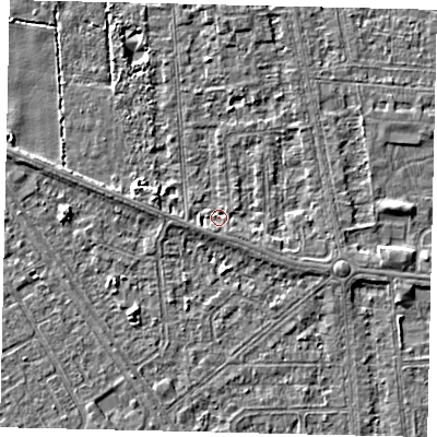 Shaded relief map of the ground around HU68QP, computed from Environment Agency LiDAR. The ground here sits at about 3 m above sea level and falls 3 m across the surrounding 800 m. Surface water reaching this point runs off ground lying to the south-south-west, 1.3 m higher.