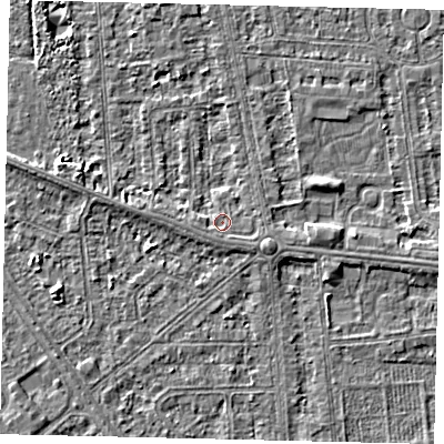 Shaded relief map of the ground around HU68QS, computed from Environment Agency LiDAR. The ground here sits at about 2 m above sea level and falls 3 m across the surrounding 800 m. Surface water reaching this point runs off ground lying to the south-west, 1.0 m higher.