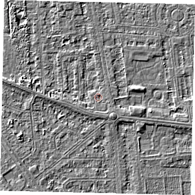 Shaded relief map of the ground around HU68QT, computed from Environment Agency LiDAR. The ground here sits at about 2 m above sea level and falls 3 m across the surrounding 800 m. Surface water reaching this point runs off ground lying to the south-east, 1.6 m higher.