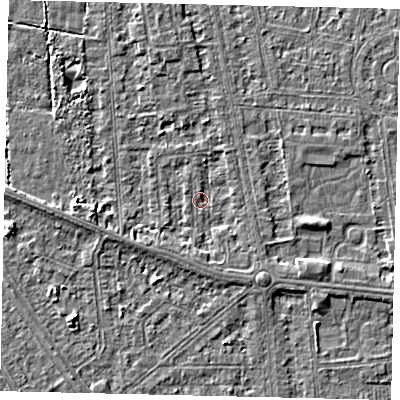Shaded relief map of the ground around HU68QU, computed from Environment Agency LiDAR. The ground here sits at about 2 m above sea level and falls 3 m across the surrounding 800 m. Surface water reaching this point runs off ground lying to the south-east, 2.0 m higher.