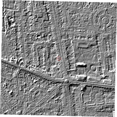 Shaded relief map of the ground around HU68QW, computed from Environment Agency LiDAR. The ground here sits at about 2 m above sea level and falls 3 m across the surrounding 800 m. Surface water reaching this point runs off ground lying to the south-south-east, 2.0 m higher.