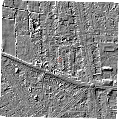 Shaded relief map of the ground around HU68QY, computed from Environment Agency LiDAR. The ground here sits at about 2 m above sea level and falls 3 m across the surrounding 800 m. Surface water reaching this point runs off ground lying to the south-south-west, 1.5 m higher.