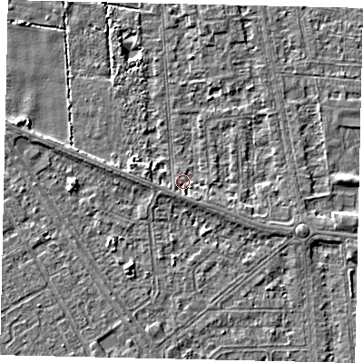 Shaded relief map of the ground around HU68QZ, computed from Environment Agency LiDAR. The ground here sits at about 3 m above sea level and falls 3 m across the surrounding 800 m. Surface water reaching this point runs off ground lying to the south-south-east, 1.3 m higher.