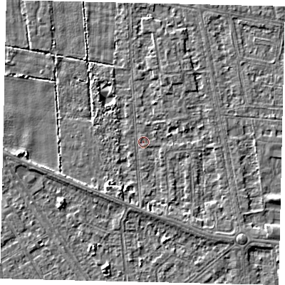 Shaded relief map of the ground around HU68RA, computed from Environment Agency LiDAR. The ground here sits at about 2 m above sea level and falls 3 m across the surrounding 800 m. Surface water reaching this point runs off ground lying to the south-south-west, 2.9 m higher.