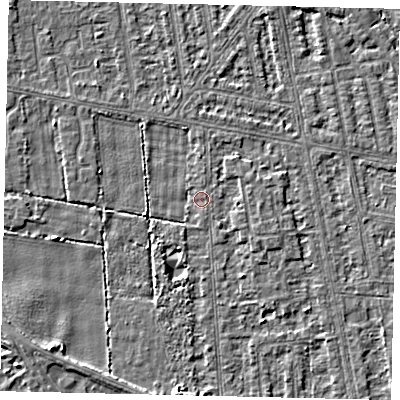 Shaded relief map of the ground around HU68RD, computed from Environment Agency LiDAR. The ground here sits at about 2 m above sea level and falls 3 m across the surrounding 800 m. Surface water reaching this point runs off ground lying to the south-west, 2.6 m higher.