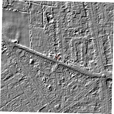Shaded relief map of the ground around HU68RG, computed from Environment Agency LiDAR. The ground here sits at about 3 m above sea level and falls 3 m across the surrounding 800 m. Surface water reaching this point runs off ground lying to the west-south-west, 1.7 m higher.