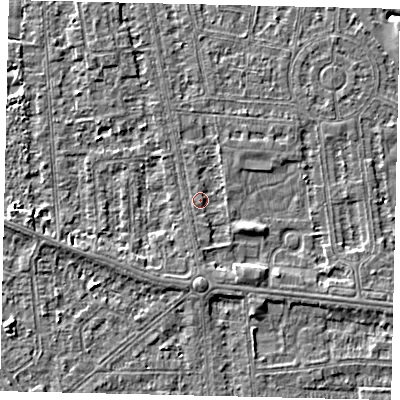 Shaded relief map of the ground around HU68SA, computed from Environment Agency LiDAR. The ground here sits at about 2 m above sea level and falls 4 m across the surrounding 800 m. Surface water reaching this point runs off ground lying to the south, 1.3 m higher.