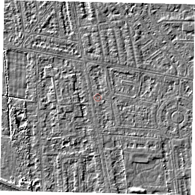 Shaded relief map of the ground around HU68SB, computed from Environment Agency LiDAR. The ground here sits at about 2 m above sea level and falls 3 m across the surrounding 800 m. Surface water reaching this point runs off ground lying to the east-south-east, 0.8 m higher.