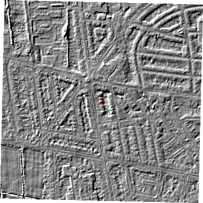 Shaded relief map of the ground around HU68SE, computed from Environment Agency LiDAR. The ground here sits at about 2 m above sea level and falls 3 m across the surrounding 800 m. Surface water reaching this point runs off ground lying to the north, 1.5 m higher.