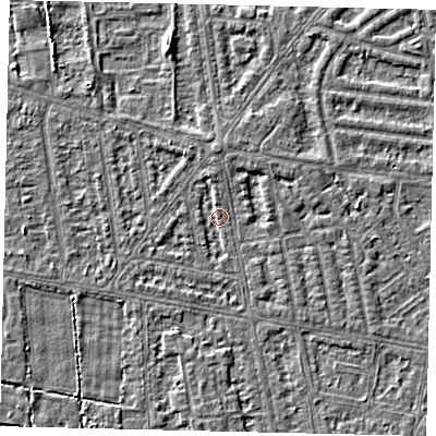 Shaded relief map of the ground around HU68SG, computed from Environment Agency LiDAR. The ground here sits at about 2 m above sea level and falls 3 m across the surrounding 800 m. Surface water reaching this point runs off ground lying to the north, 1.9 m higher.