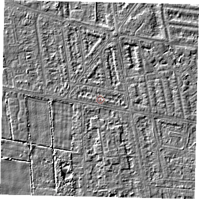 Shaded relief map of the ground around HU68SH, computed from Environment Agency LiDAR. The ground here sits at about 2 m above sea level and falls 3 m across the surrounding 800 m. The ground contributing surface water to this point lies to the west.