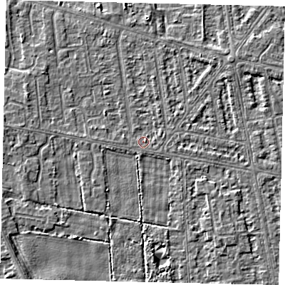 Shaded relief map of the ground around HU68SJ, computed from Environment Agency LiDAR. The ground here sits at about 2 m above sea level and falls 3 m across the surrounding 800 m. Surface water reaching this point runs off ground lying to the east-north-east, 0.7 m higher.