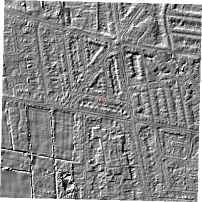 Shaded relief map of the ground around HU68SP, computed from Environment Agency LiDAR. The ground here sits at about 2 m above sea level and falls 3 m across the surrounding 800 m. Surface water reaching this point runs off ground lying to the south-west, 0.7 m higher.