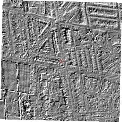 Shaded relief map of the ground around HU68SQ, computed from Environment Agency LiDAR. The ground here sits at about 2 m above sea level and falls 3 m across the surrounding 800 m. Surface water reaching this point runs off ground lying to the south, 1.5 m higher.