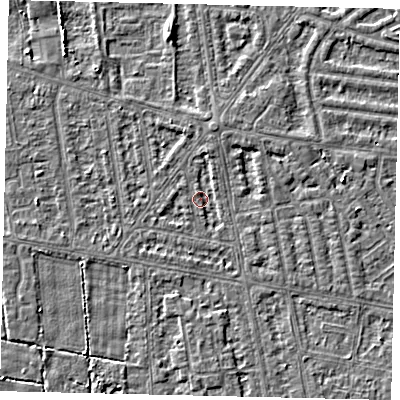 Shaded relief map of the ground around HU68SR, computed from Environment Agency LiDAR. The ground here sits at about 2 m above sea level and falls 3 m across the surrounding 800 m. Surface water reaching this point runs off ground lying to the south, 1.6 m higher.