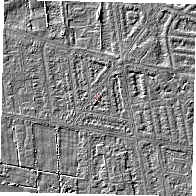 Shaded relief map of the ground around HU68ST, computed from Environment Agency LiDAR. The ground here sits at about 2 m above sea level and falls 3 m across the surrounding 800 m. Surface water reaching this point runs off ground lying to the north-east, 0.9 m higher.