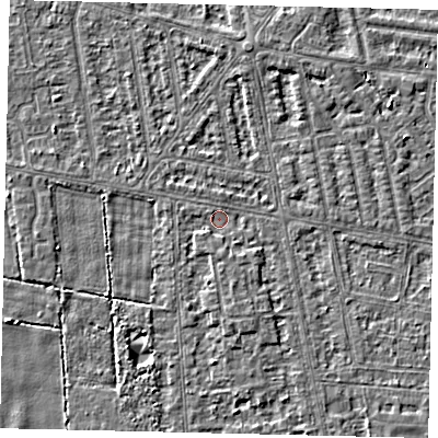 Shaded relief map of the ground around HU68SW, computed from Environment Agency LiDAR. The ground here sits at about 2 m above sea level and falls 3 m across the surrounding 800 m. Surface water reaching this point runs off ground lying to the south, 1.2 m higher.