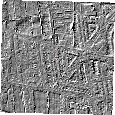 Shaded relief map of the ground around HU68SZ, computed from Environment Agency LiDAR. The ground here sits at about 2 m above sea level and falls 3 m across the surrounding 800 m. Surface water reaching this point runs off ground lying to the west, 1.6 m higher.